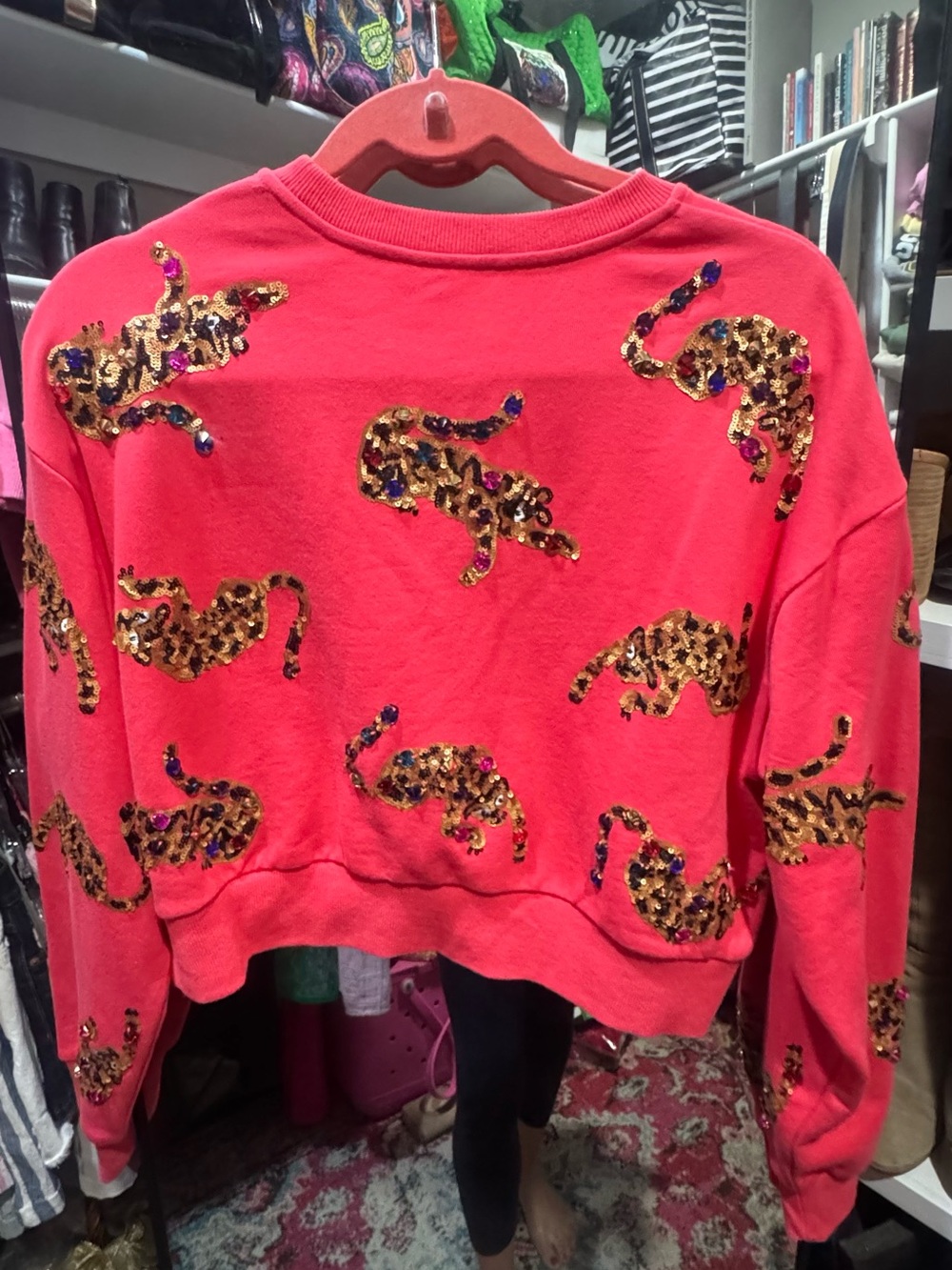 QUEEN OF SPARKLES Red Leopard Sequin Sweatshirt & Shorts Set - Picture 4 of 5
